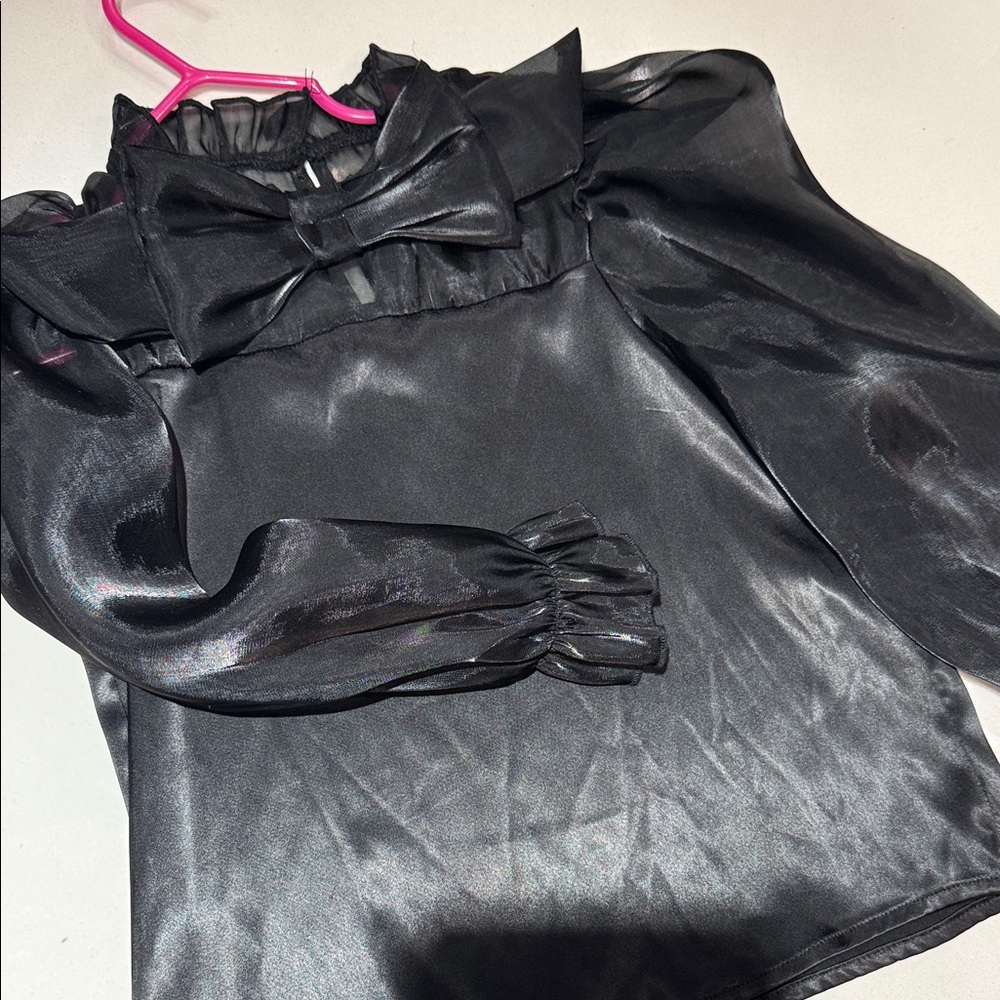 Black Satin Blouse with Bow Detail